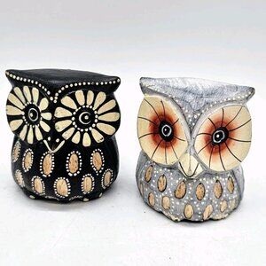 Wooden Owl 2.5" Figurine Pair Boho Folk Art Halloween Fall Handpainted Creepy